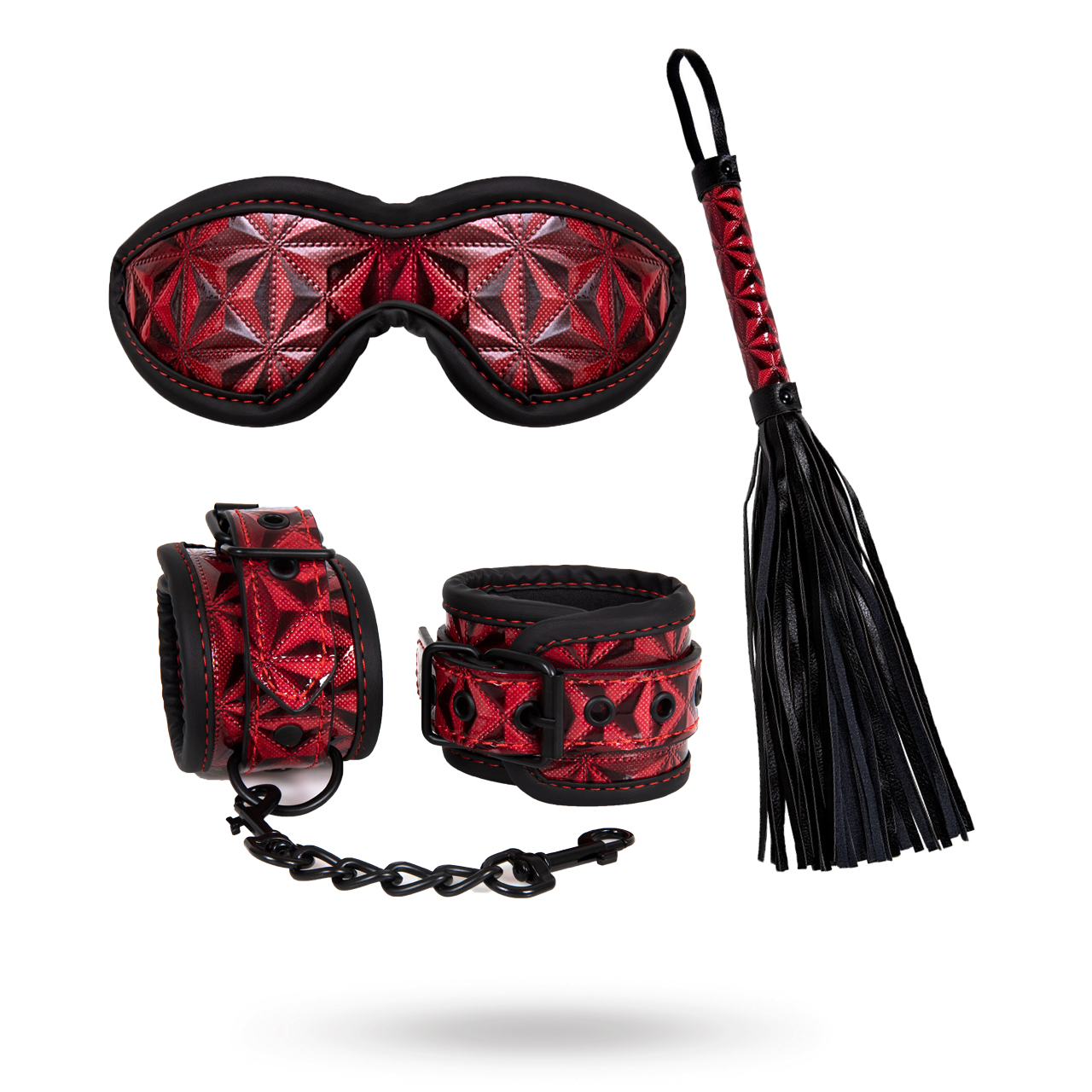 DIABOLIQUE - Bondage Set Med Ögonmask, Handbojor & Piska Röd