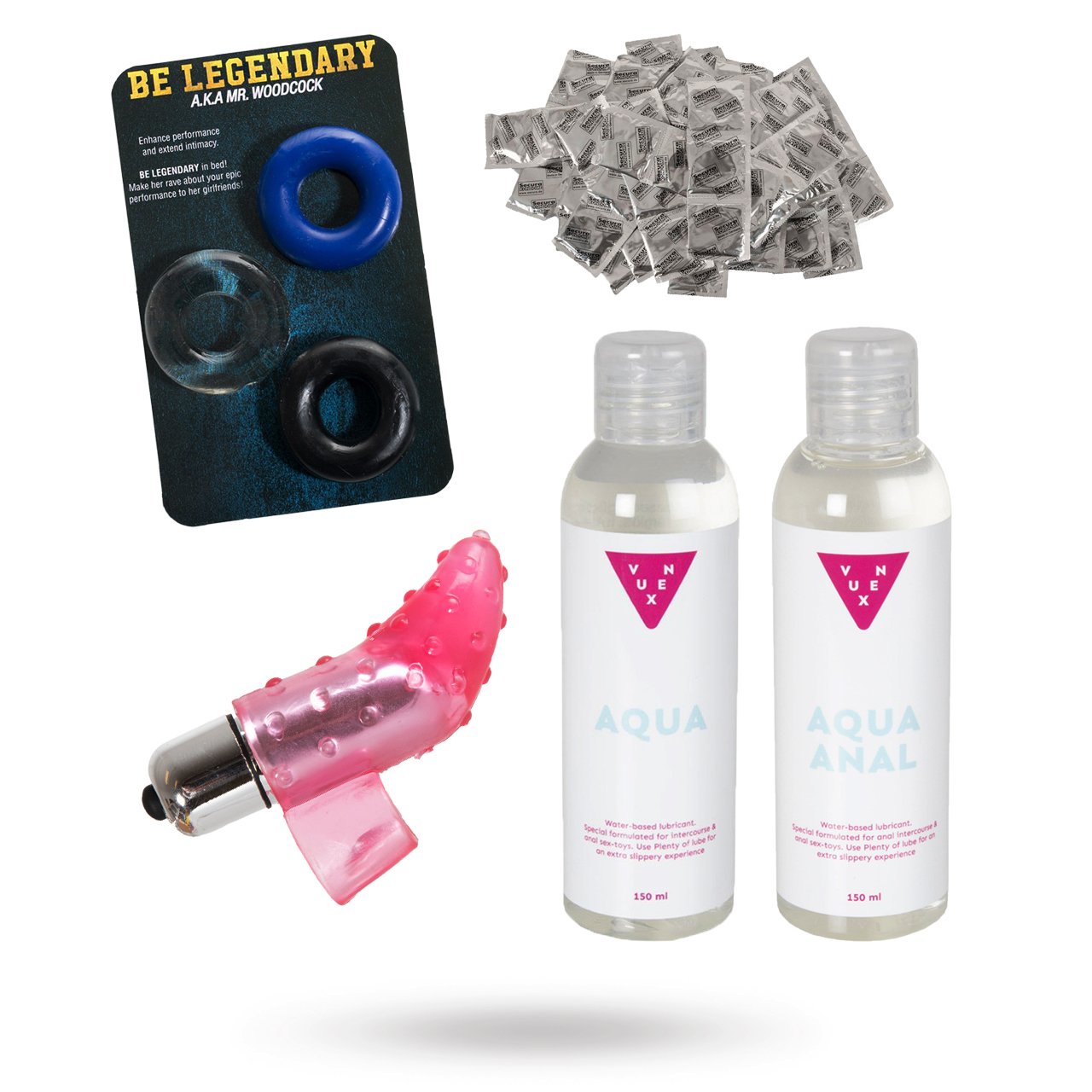 Mr + Mr - Kit med kondom, glidmedel, penisringar & fingervibrator