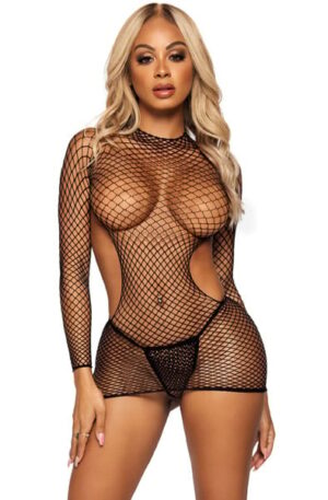 Net Long Sleeved Mini Dress Black