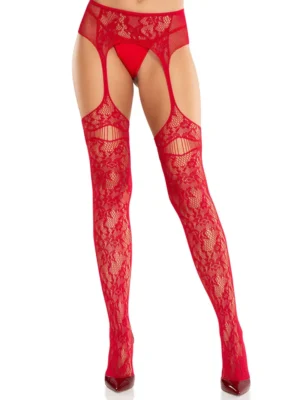 Net Stockings With Attached Garter Belt Red O/S Strumpbyxor