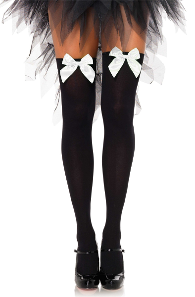 Nylon Thigh Highs With Bow Black/White O/S Strumpbyxor