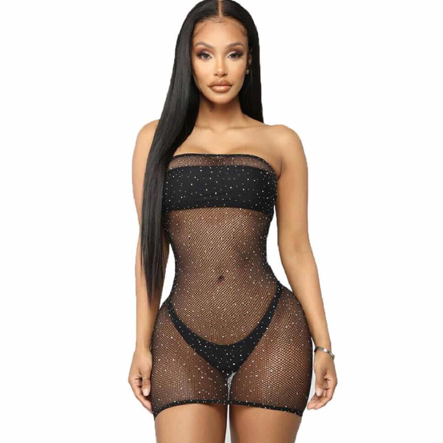 Queen Lingerie - Shinny Svart Miniklänning Kroppsstrumpa Nätklänning med Dekorativa Stenar - S/L