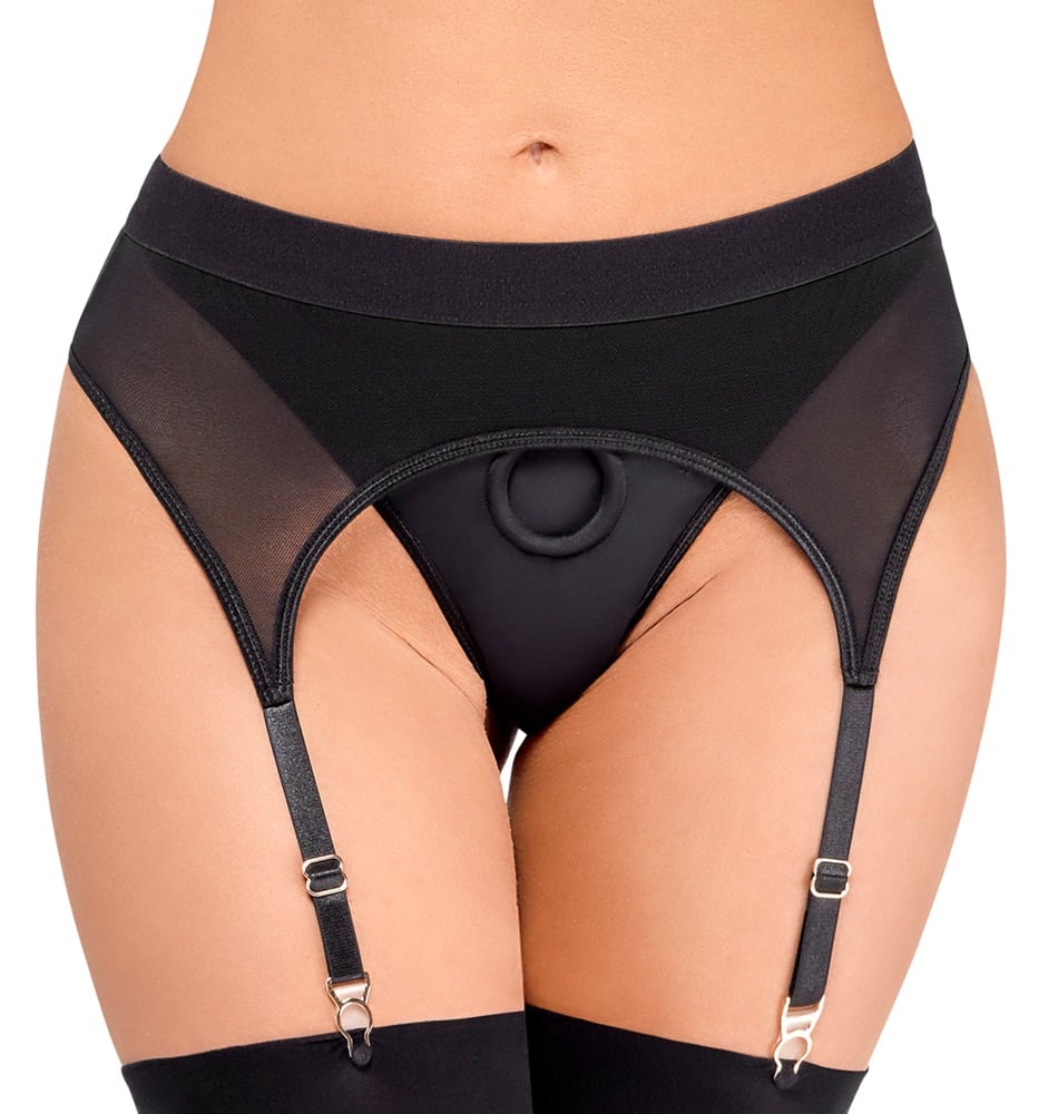 Svart Strap-on string med strumphållare