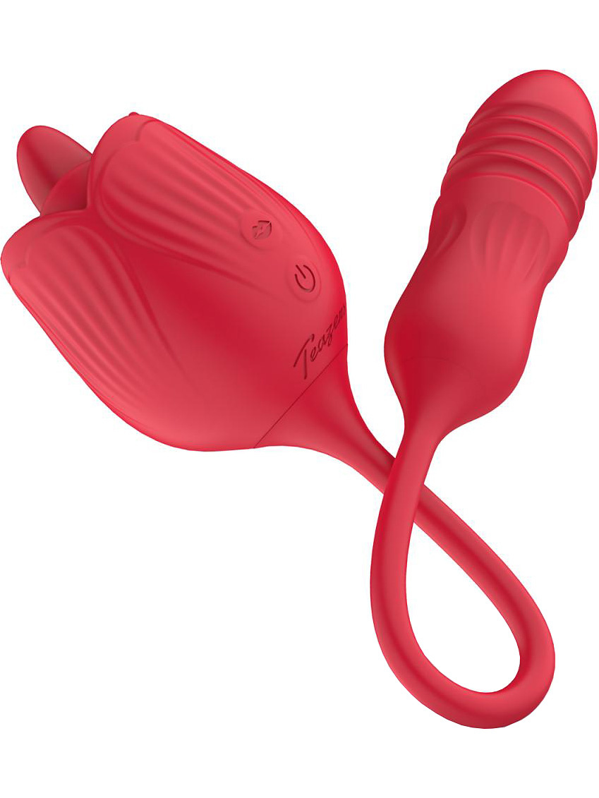 Teazers: Slickande Rosvibrator med Thrusting-Dildo